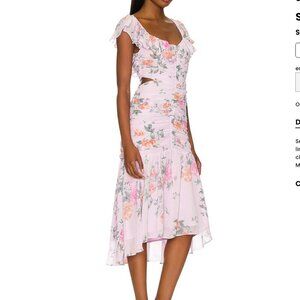 ASTR the label Midi dress Large pink floral ruched ruffle party occasion dress
